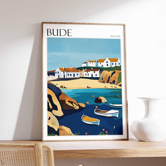 Bude Cornwall England Rocky Cove Rowboats and Clifftop Cottages Poster