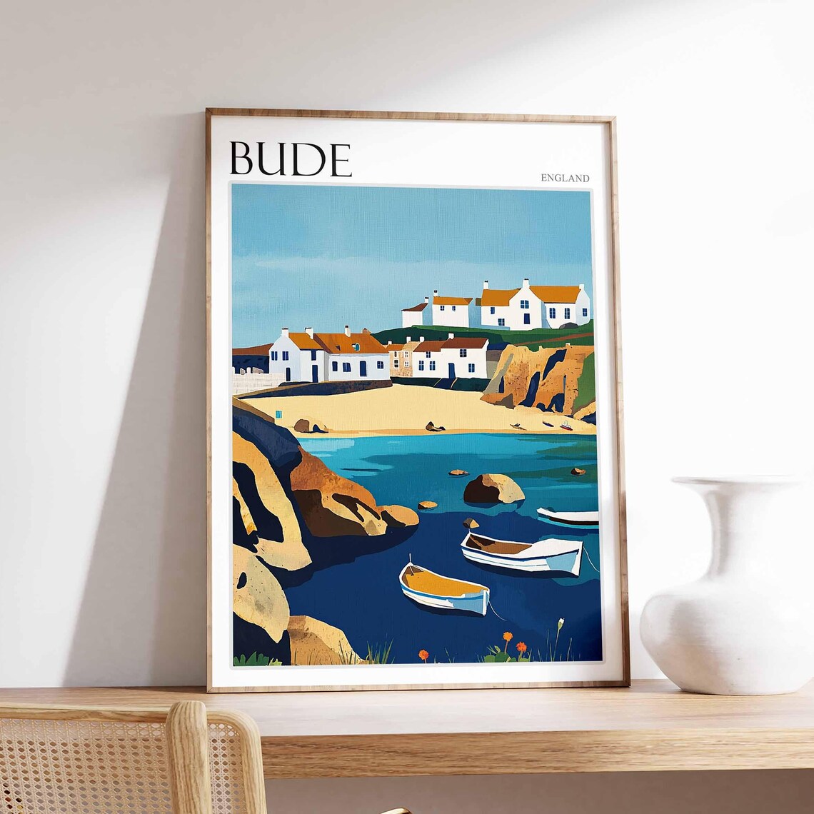 Bude Cornwall England Rocky Cove Rowboats and Clifftop Cottages Poster