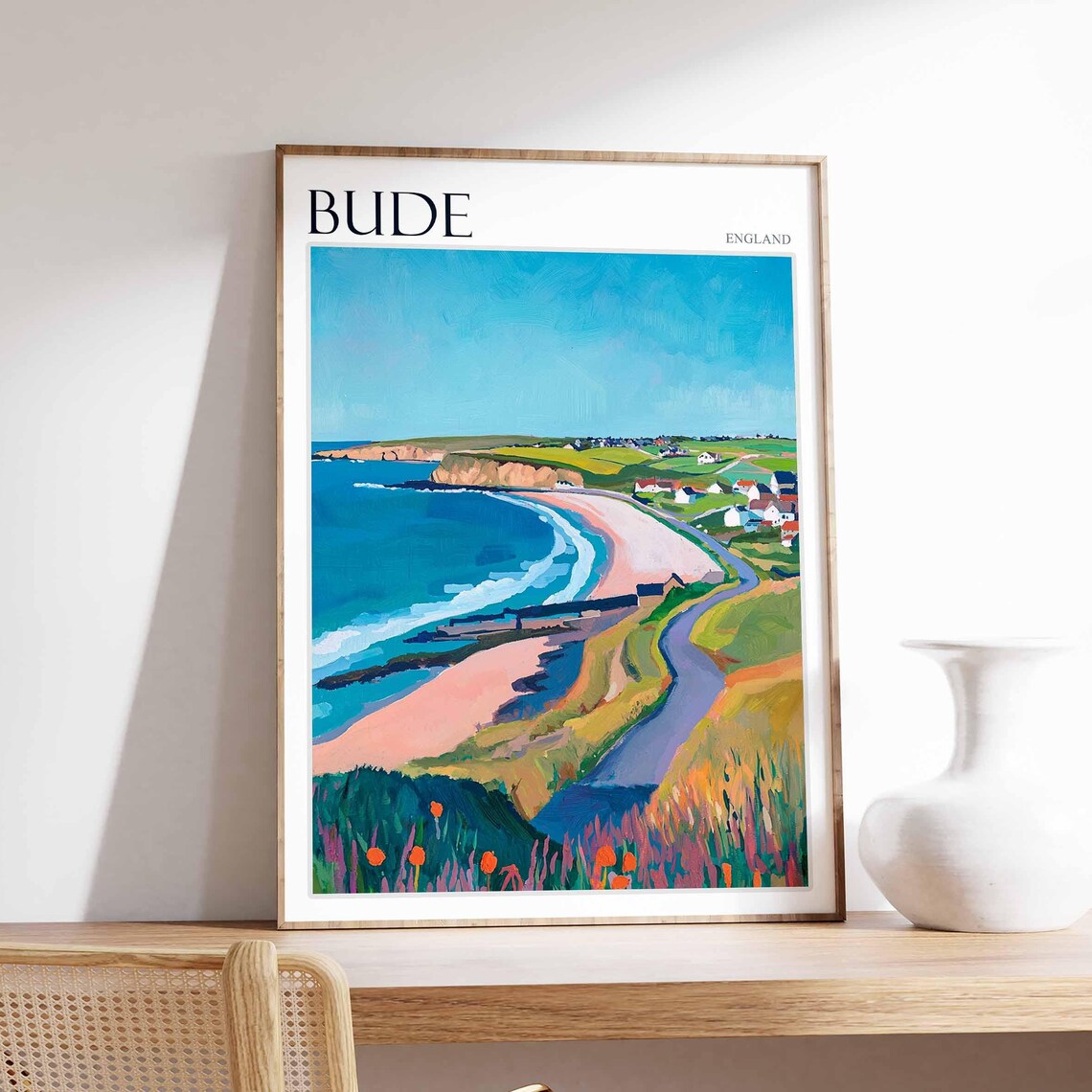 Bude Cornwall England Winding River to Beach and Wildflower Cliff Poster