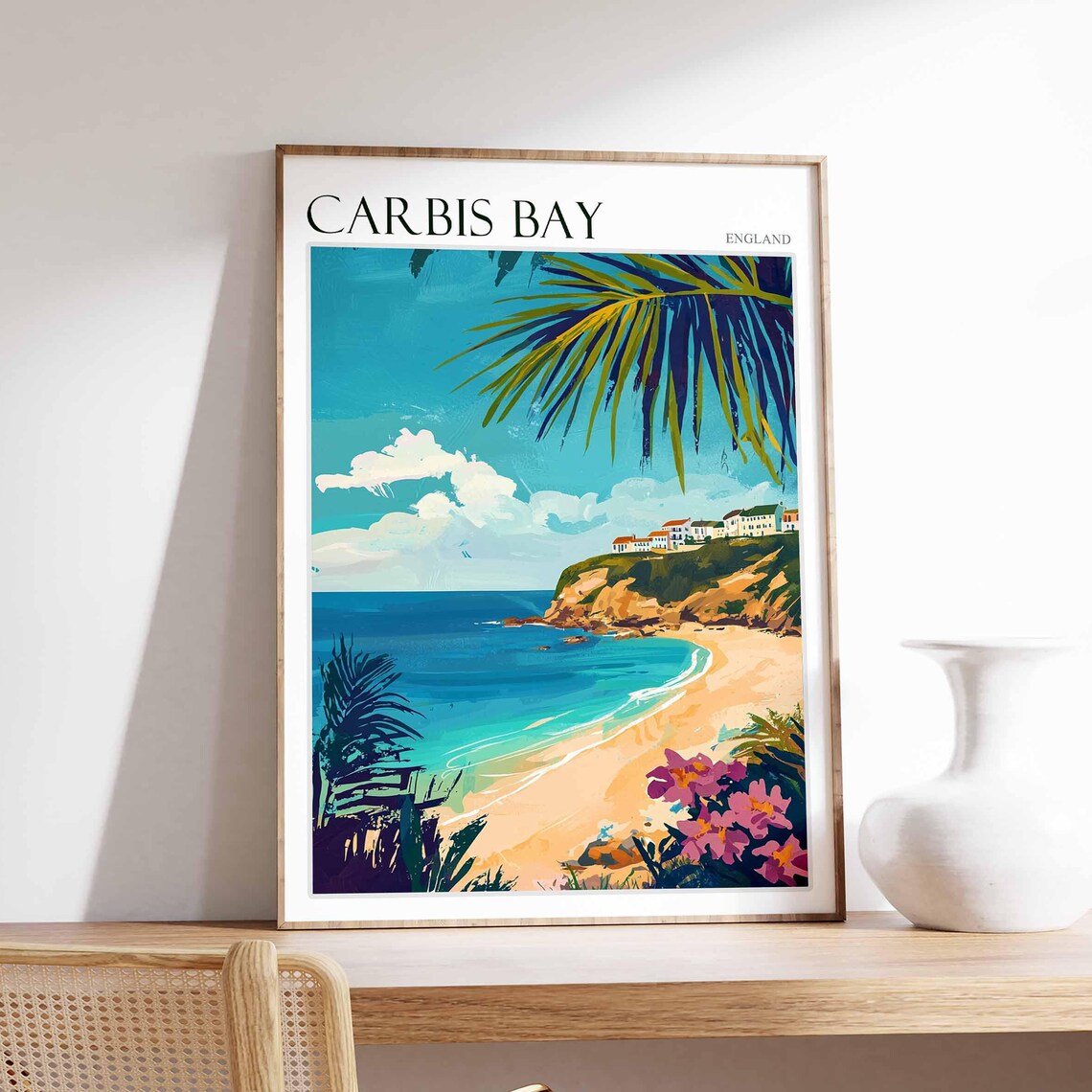 Carbis Bay England Palm Framed Tropical Cove Cliffside Beach Art Poster