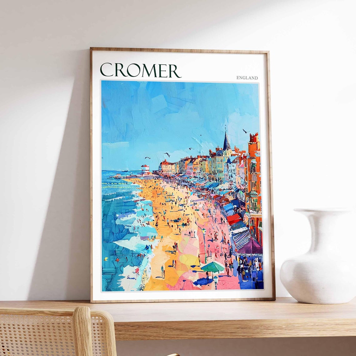 Cromer England Crowded Summer Beach Promenade Travel Poster Art