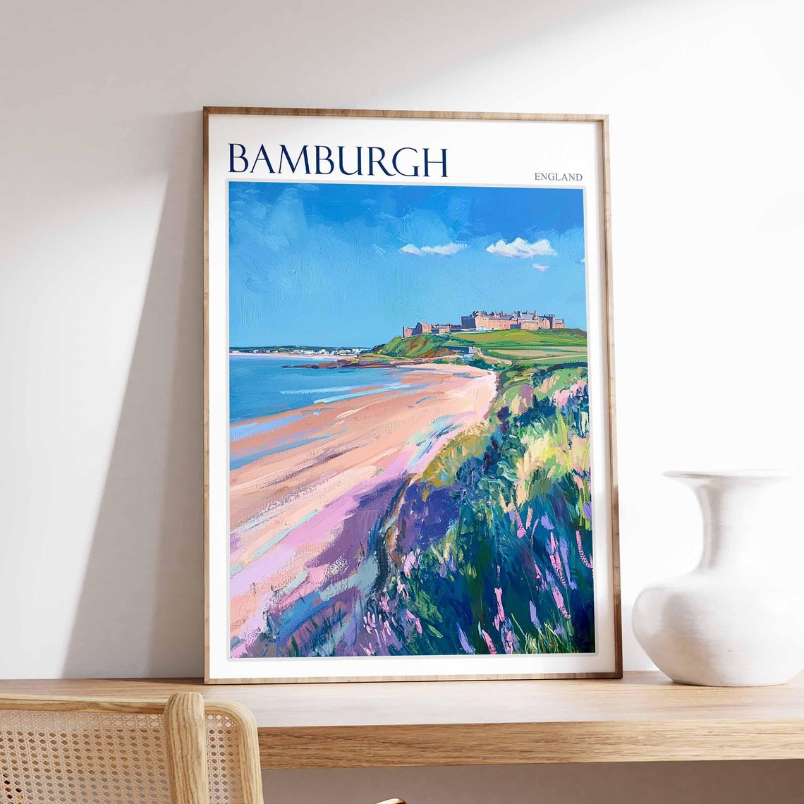 Bamburgh Castle Northumberland Pink Sand Beach Coastal Travel Poster