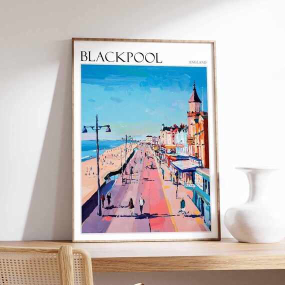 Blackpool Promenade Beach Amusement Lights Painterly Travel Poster