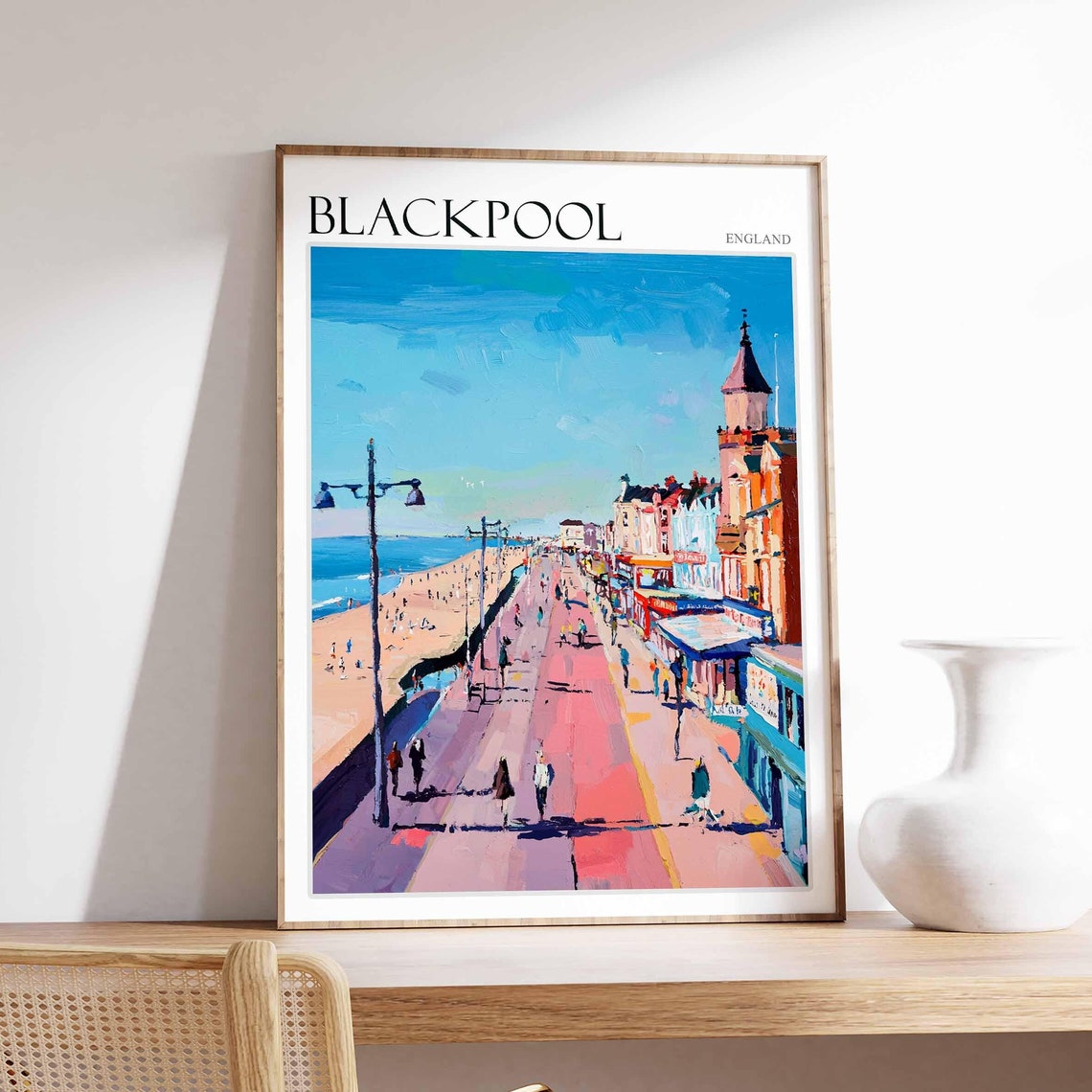 Blackpool Promenade Beach Amusement Lights Painterly Travel Poster