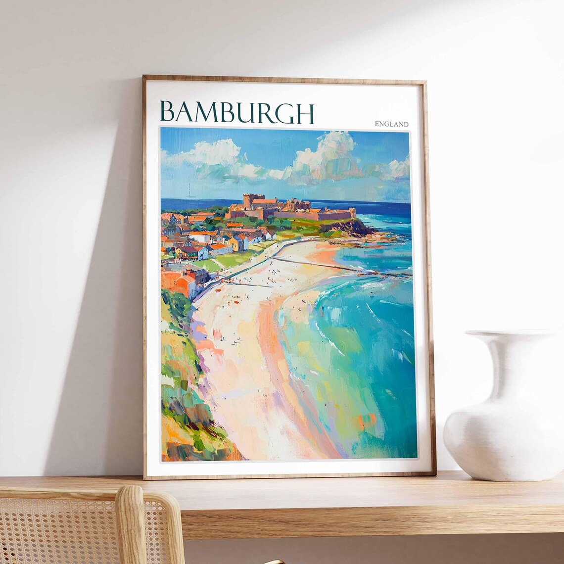 Bamburgh Aerial Beach View Castle Headland Vibrant Northumberland Poster
