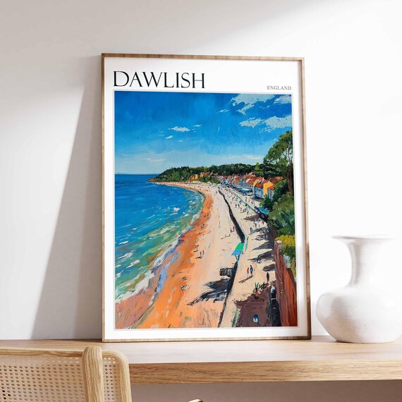 Dawlish England Curving Beach with Pastel Houses Coastal Poster
