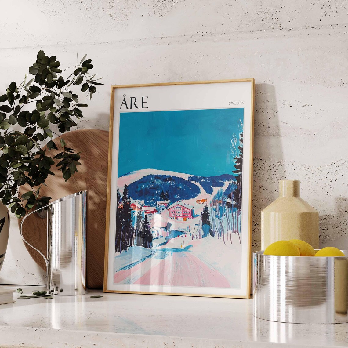 Are Sweden Pink Blue Ski Slopes Alpine Village Winter Poster