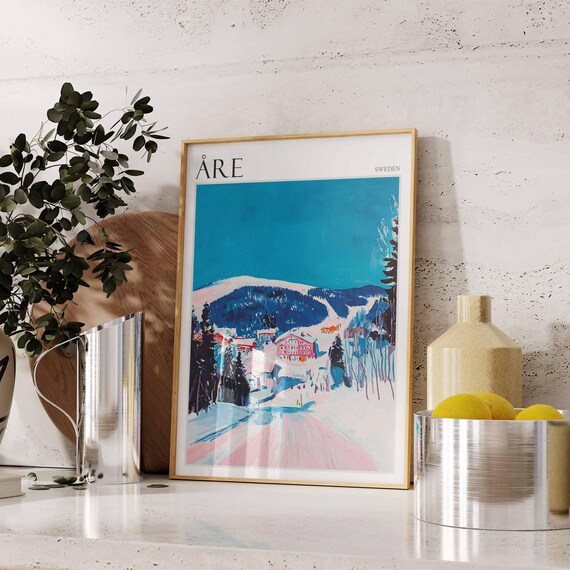 Are Sweden Pink Blue Ski Slopes Alpine Village Winter Poster