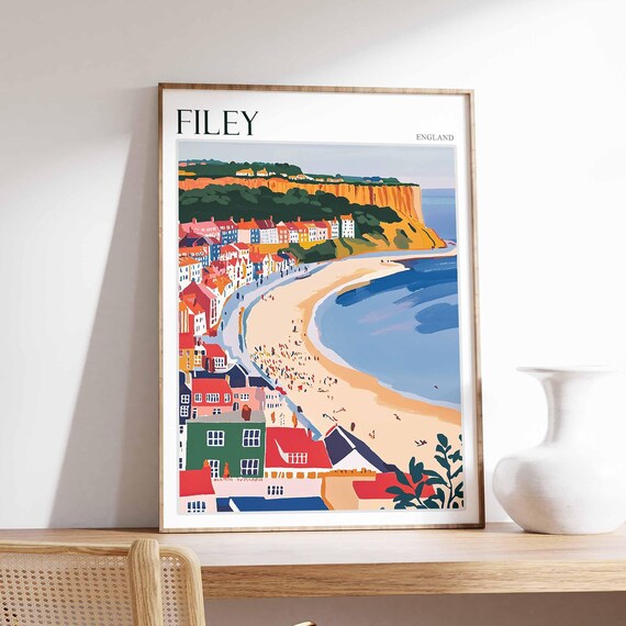 Filey England Curved Beach Terraced Town Chalk Cliffs Illustration Poster