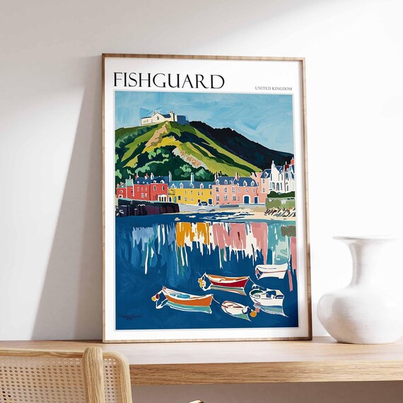 Fishguard Rowboat Harbor Reflections Green Headland Coastal Poster