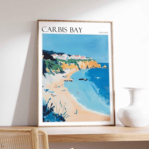 Carbis Bay England Golden Beach Cliffs Blue Sea Painted Travel Poster