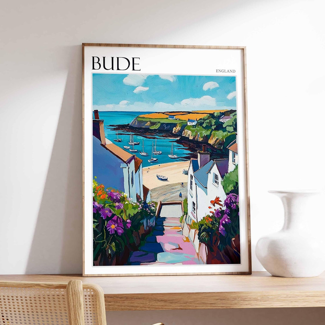 Bude Cornwall England Flower Path Down to the Harbor and Beach Poster