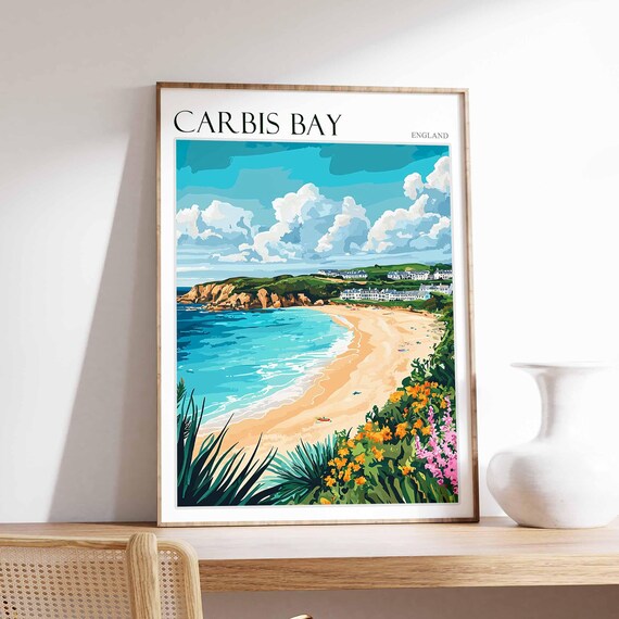 Carbis Bay England Flower Framed Bay Beach Scenic Travel Poster