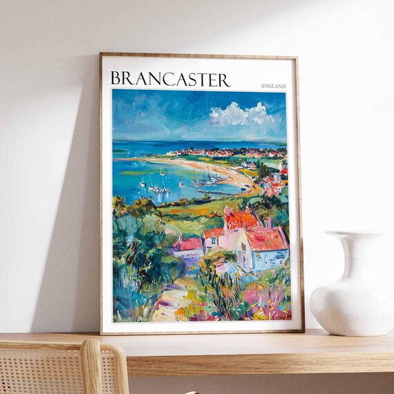 Brancaster England Hillside Bay View With Sailboats and Cottages Poster