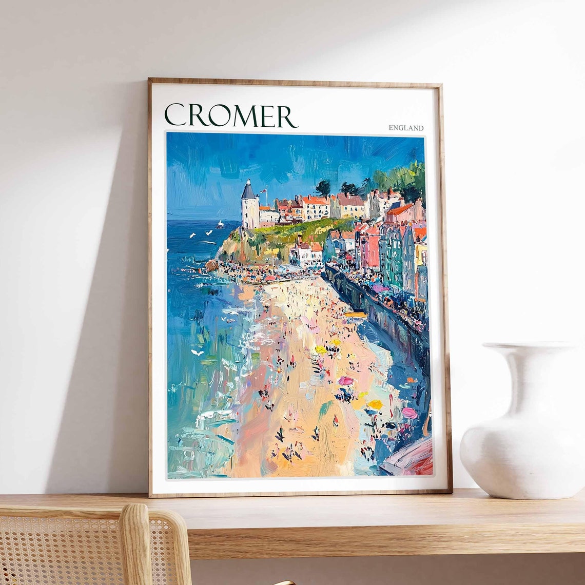 Cromer England Crowded Beach and Promenade Seaside Art Poster