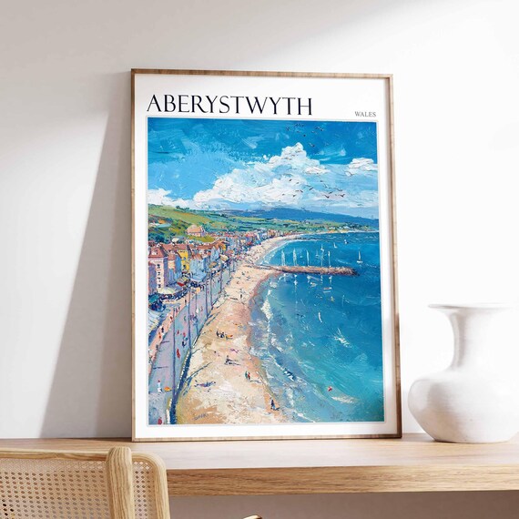 Aberystwyth Beach Panorama Pier Sailboats Welsh Coast Travel Poster