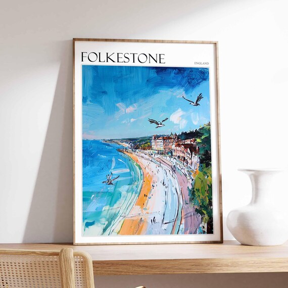 Folkestone England Beach Seagulls Impressionist Coast Art Poster