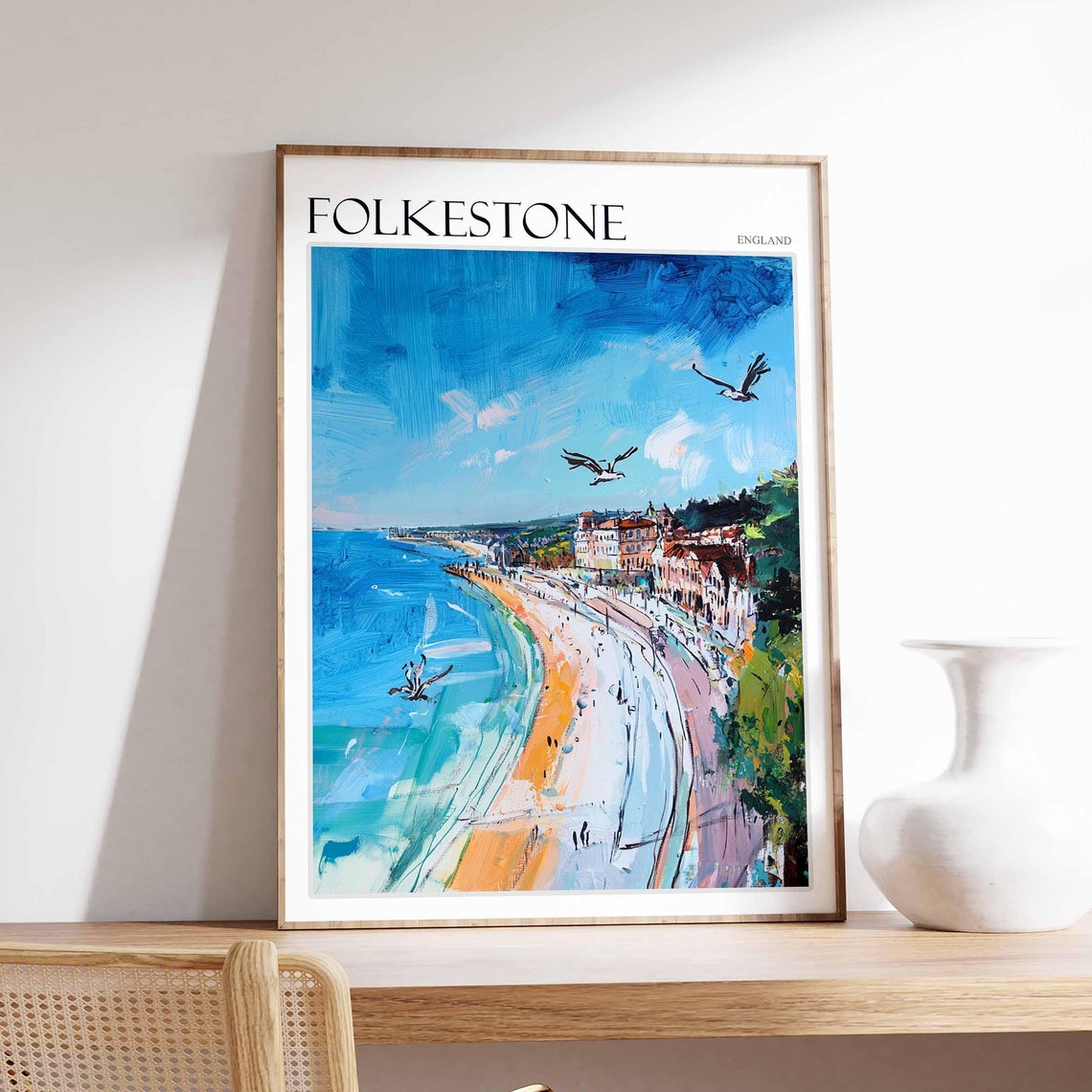 Folkestone England Beach Seagulls Impressionist Coast Art Poster