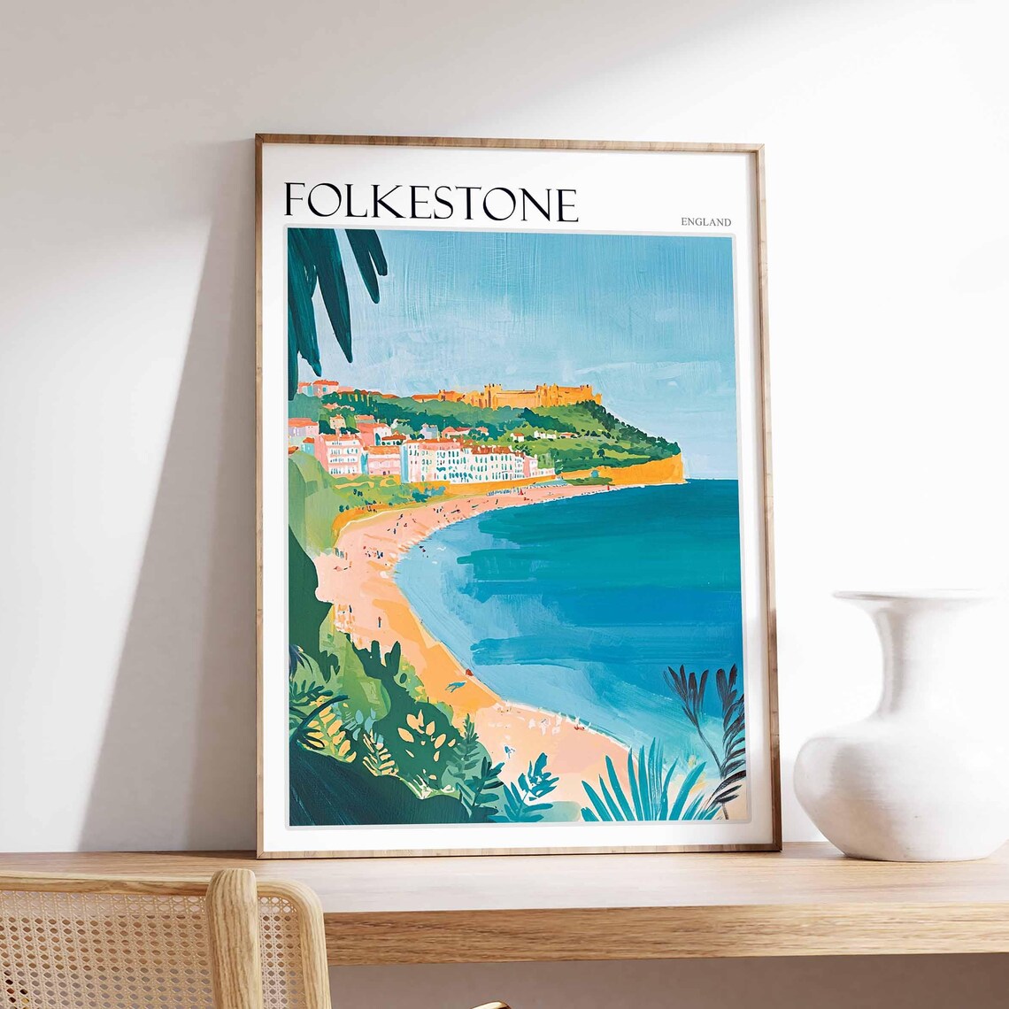 Folkestone England Curved Bay Cliff Top Castle Beach Travel Poster