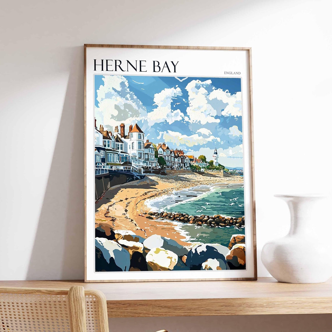 Herne Bay England Rocky Shore Cottages Clock Tower Clouds Poster