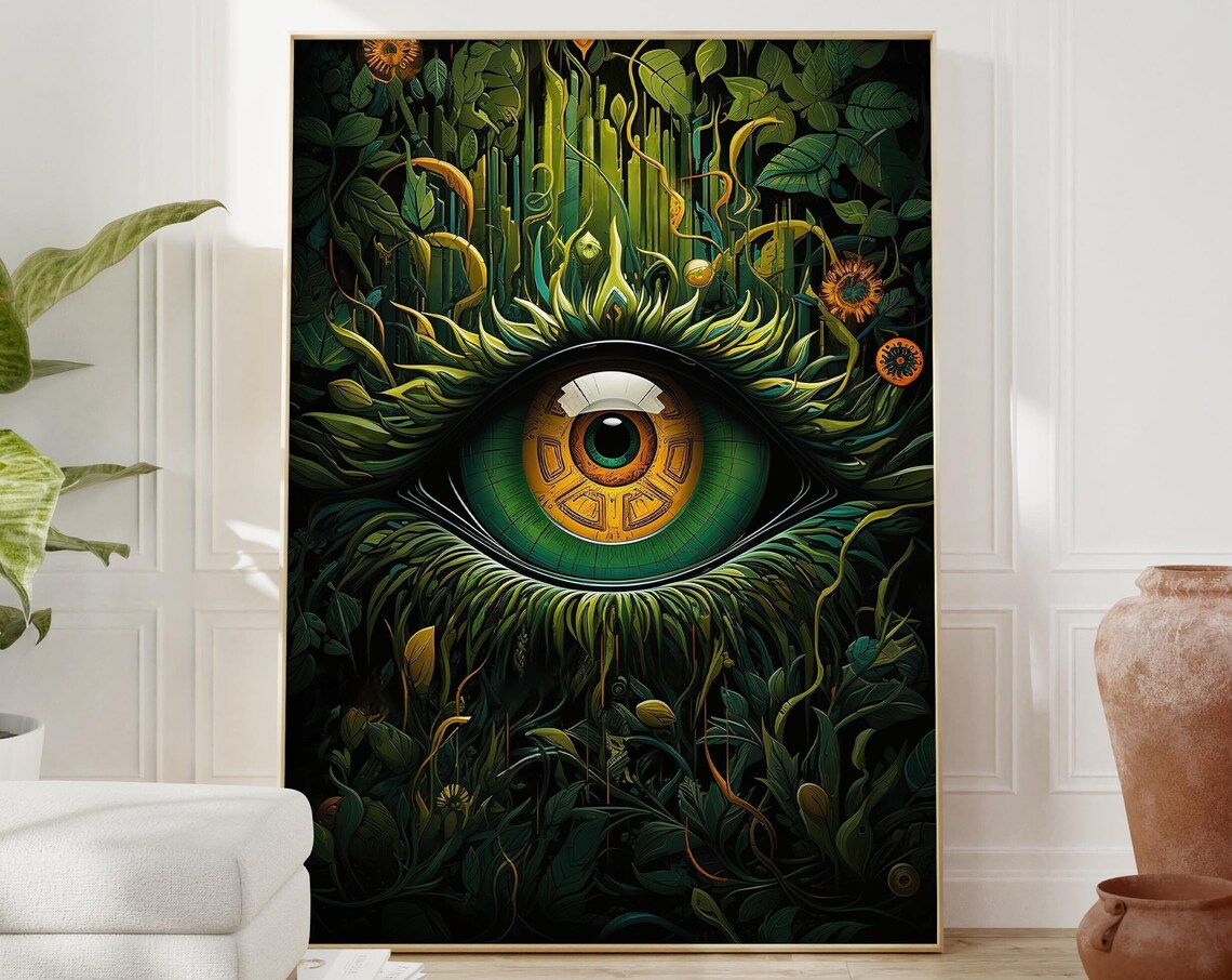 Emerald Green Eye Surreal Poster with Golden Iris and Botanical Art - Image 2