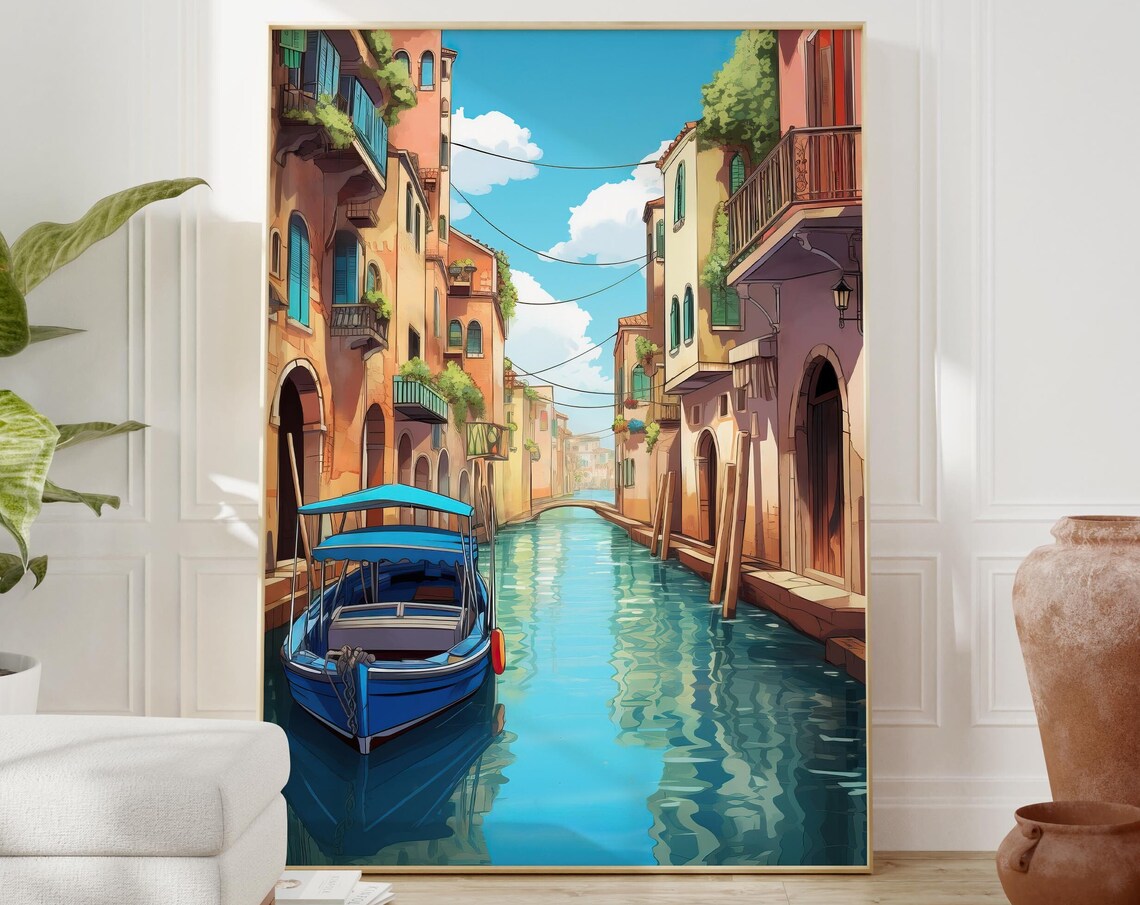 Venice Style Canal With Colorful Houses and a Blue Wooden Boat Poster - Image 2