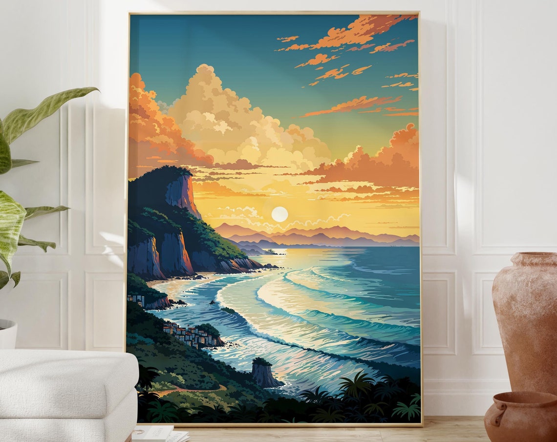 Tropical Coastal Cliff at Sunset With Rolling Waves and Village Poster - Image 2