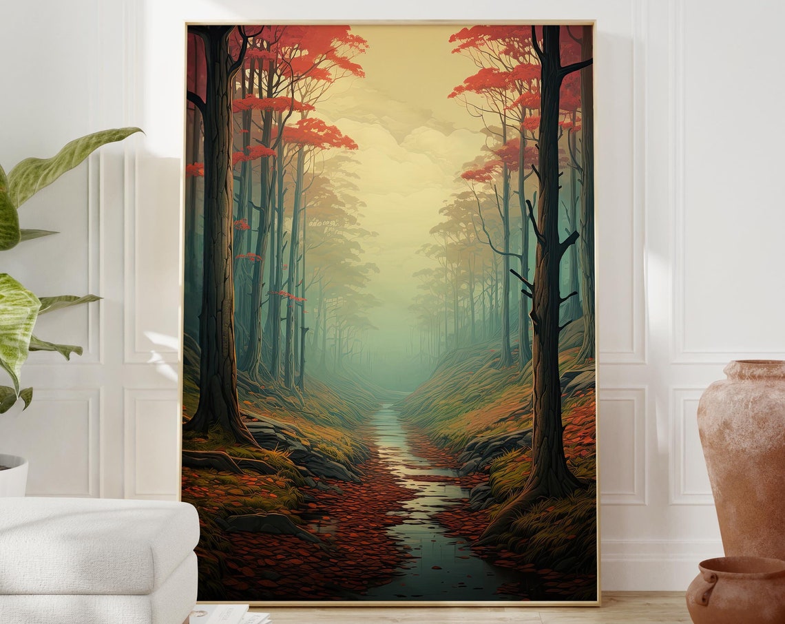 Misty Autumn Forest With Red Maples and a Winding Stream Poster - Image 2