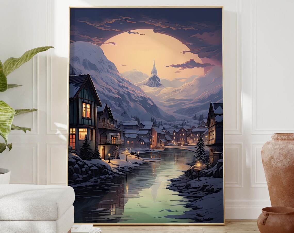 Snowy Mountain Village at Dusk With Glowing Cabins and Moon Poster - Image 2