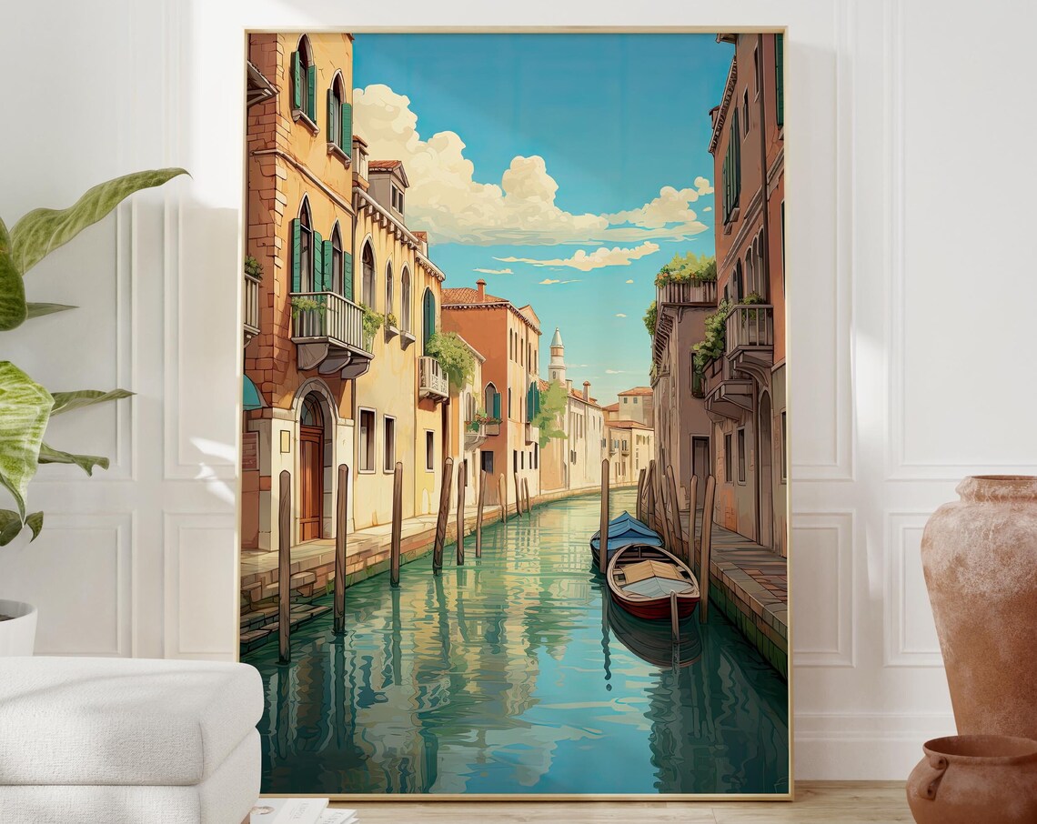 Venice Canal Anime Poster with Boats and Colorful Italian Buildings - Image 2