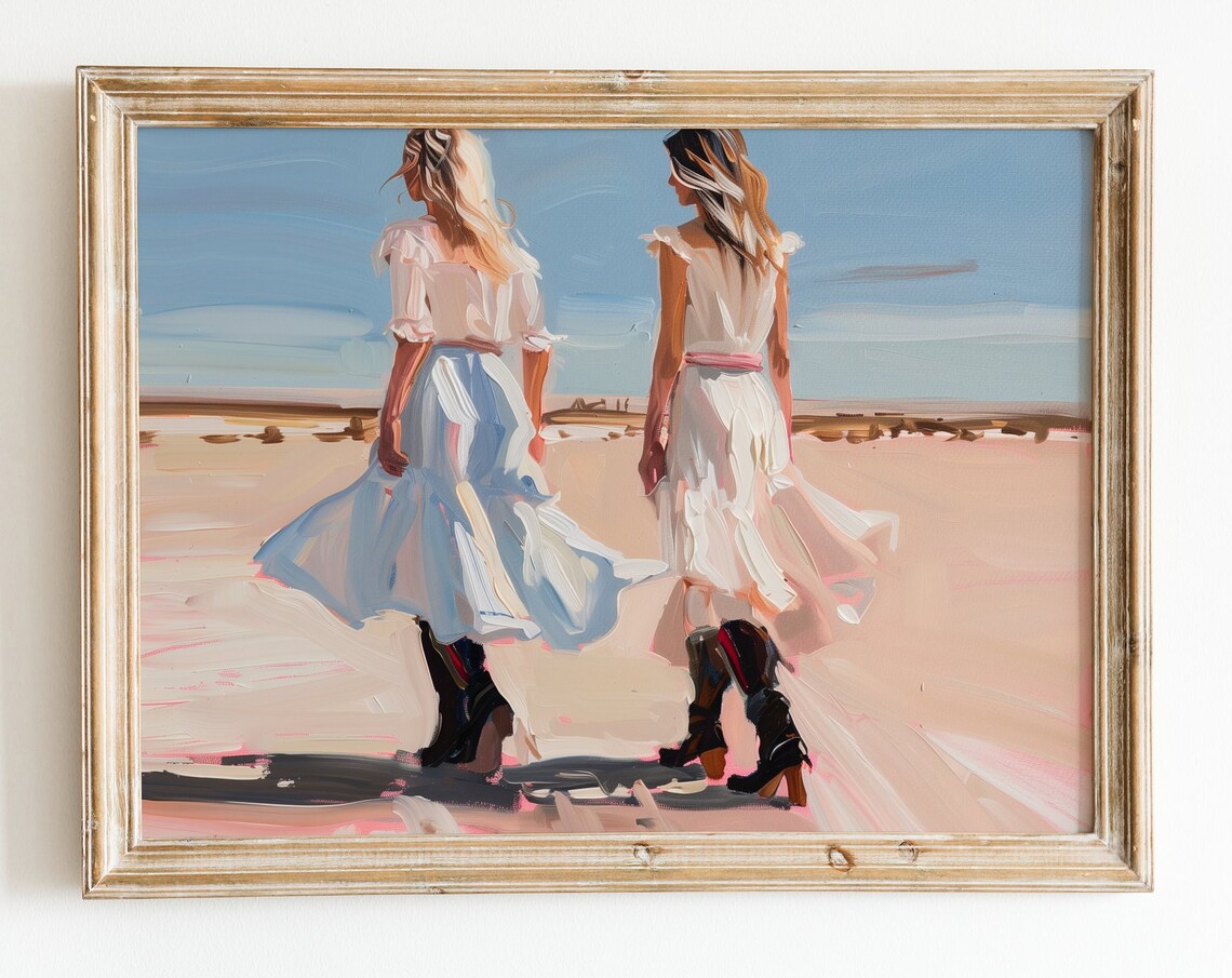 Two Cowgirls In White Dresses And Boots Walking Beach Art Poster
