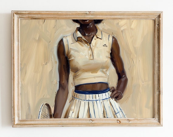 Black Tennis Girl Preppy Beige Wall Art Coquette Feminine Decor Room Poster Print