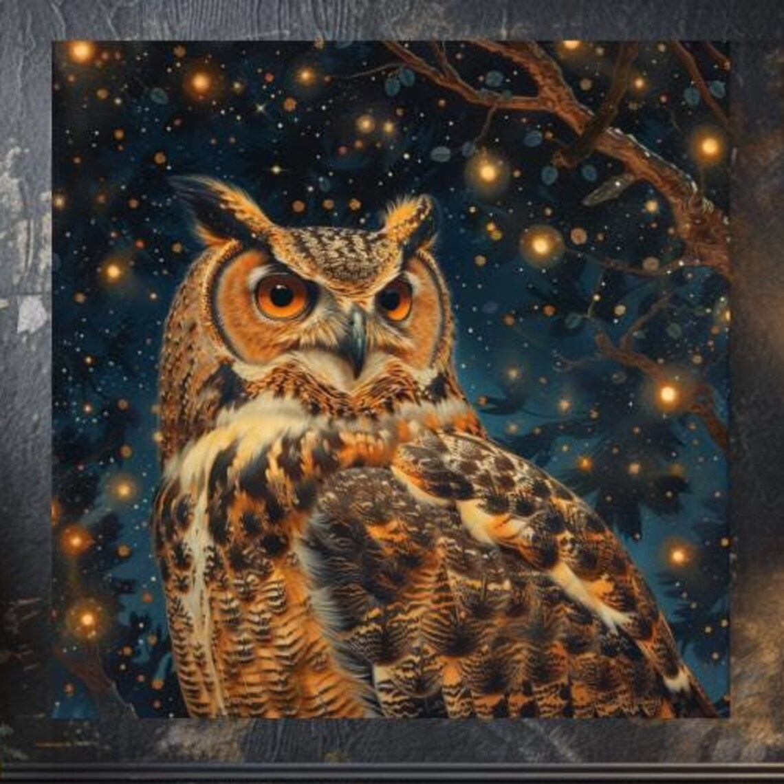 Great Horned Owl Night Sky Glowing Amber Eyes Wildlife Poster
