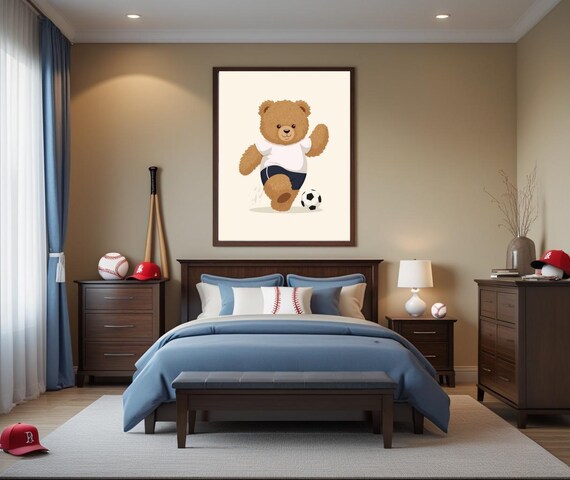Cute Soccer Playing Teddy Bear Kids Nursery Sports Room Poster