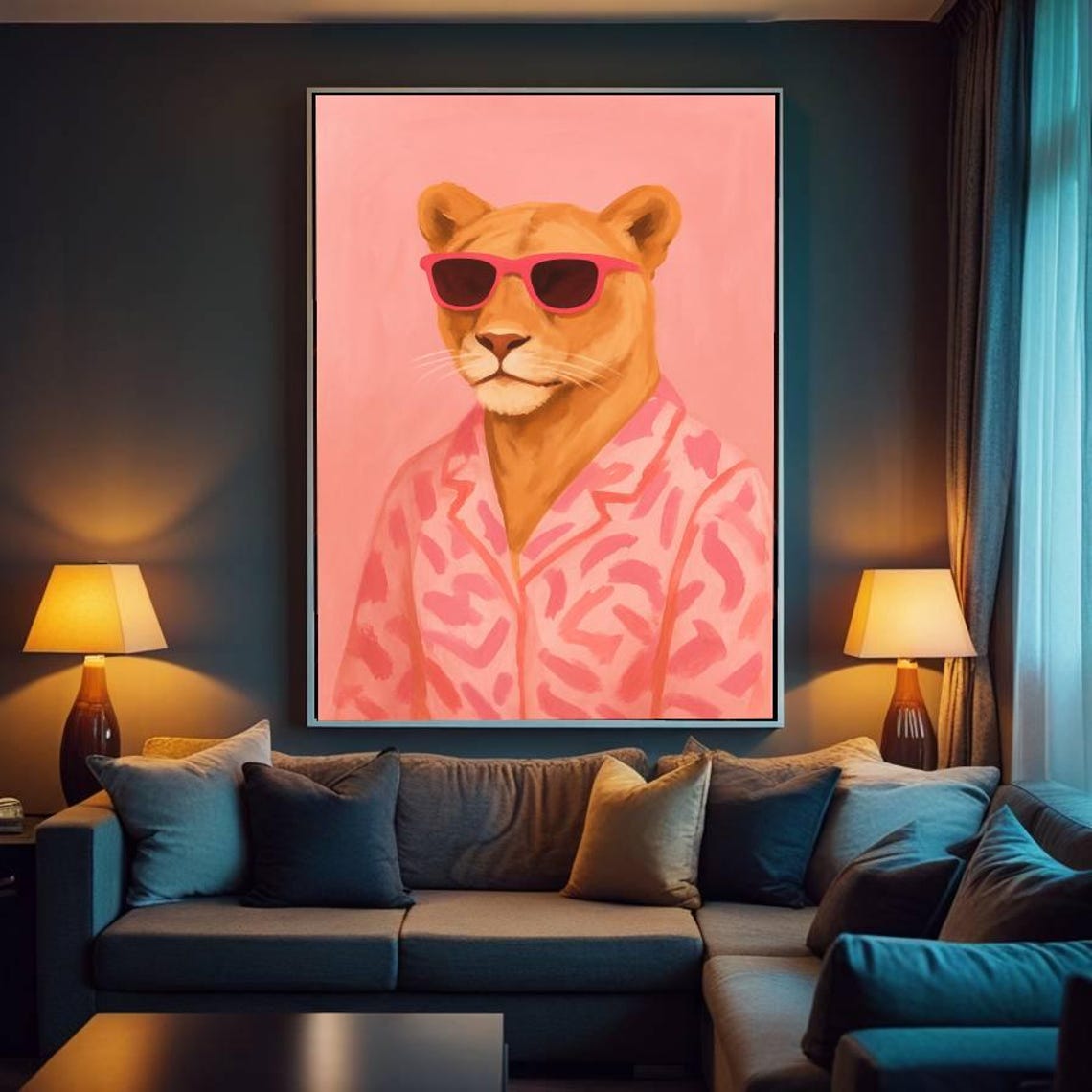 Vaporwave Lioness Retro Wall Art Pop Poster Pink Feminism