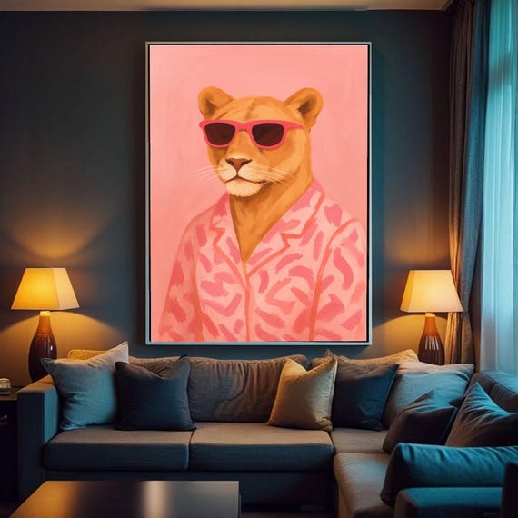Vaporwave Lioness Retro Wall Art Pop Poster Pink Feminism