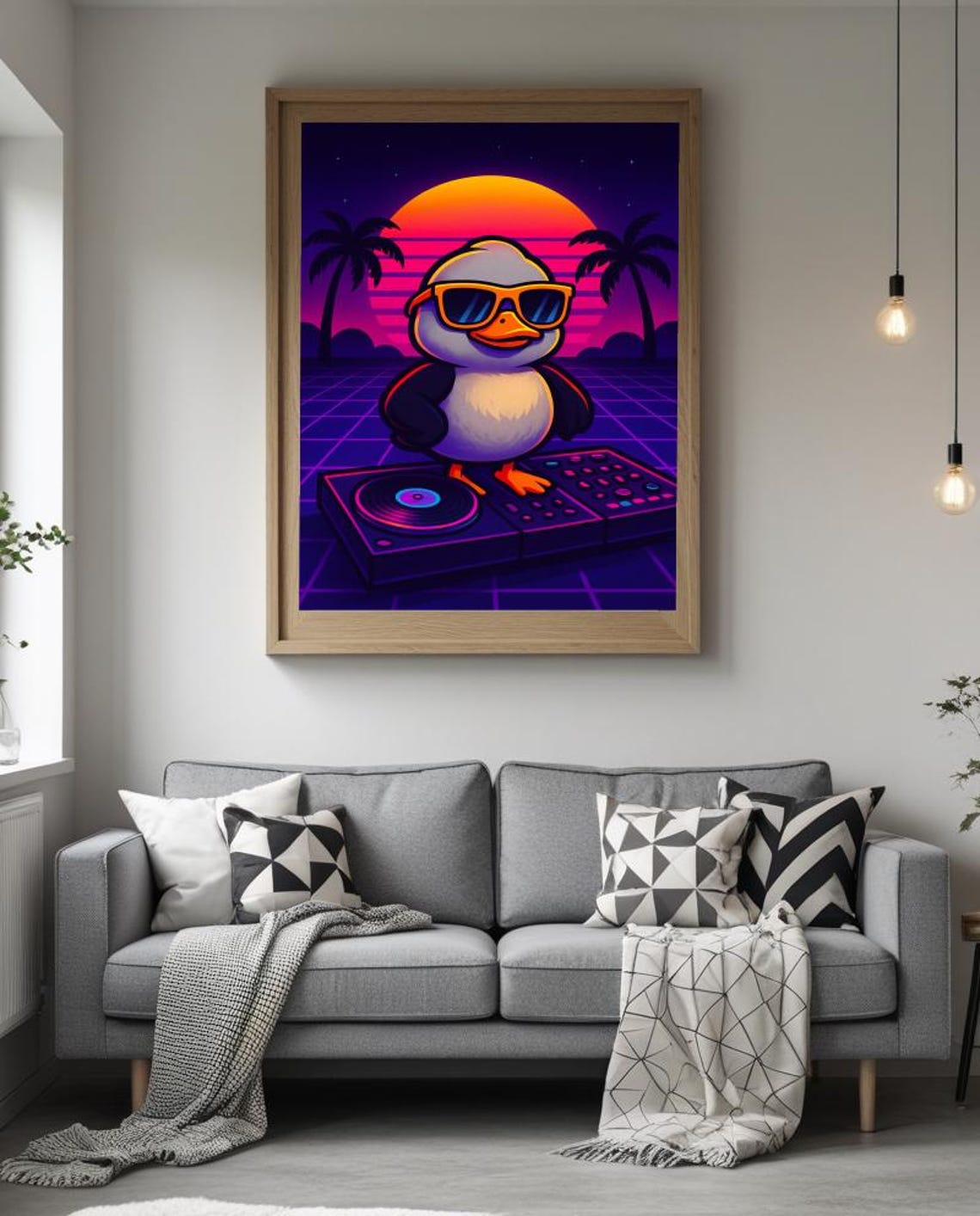 Synthwave DJ Penguin Neon Sunset Retro 80s Party Wall Poster