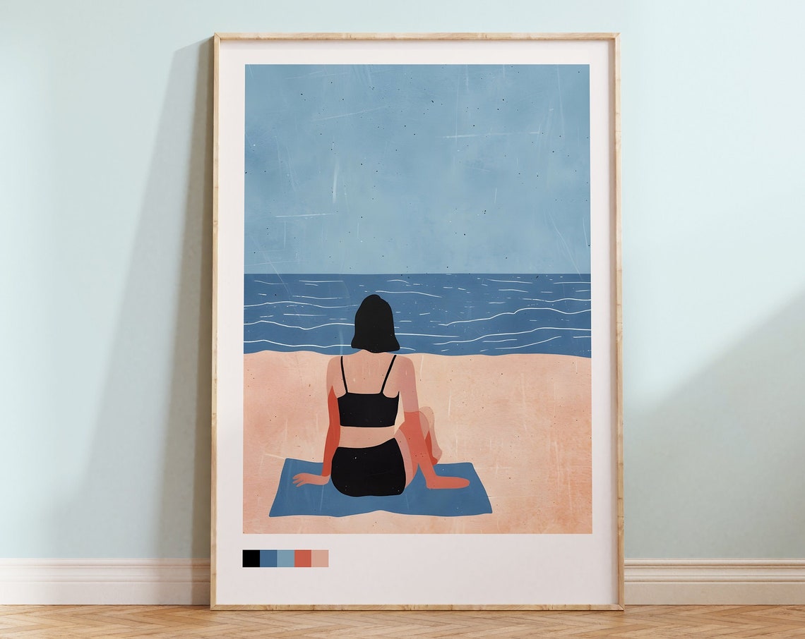 Modern Minimalist Beach Girl Ocean View Summer Illustration Poster