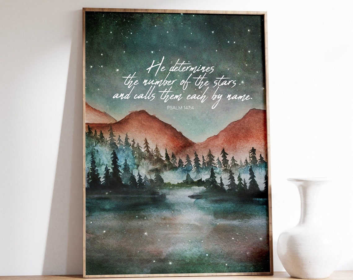 Scripture Wall Art Christian Bible Verse Painting Gift Psalms 1474 He Determines The Number Of The Stars - Image 2