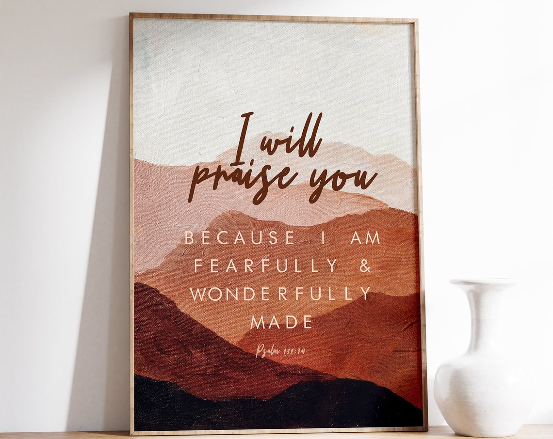 Fearfully And Wonderfully Made Wall Art Scripture Nursery Print Gift Psalm 13914 Bible Verse Painting Minimal Mountain Dcor