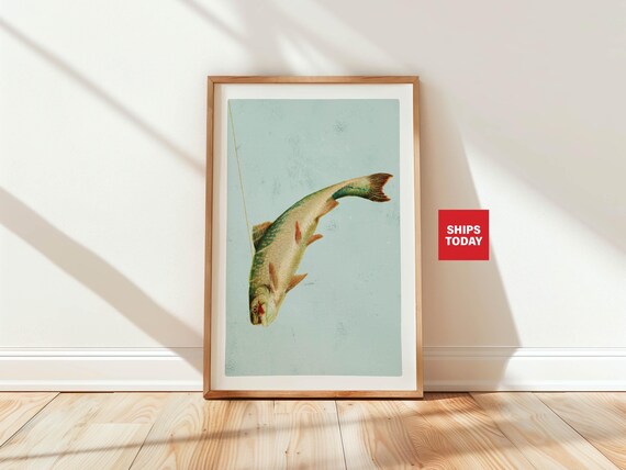 Vintage Lake Trout on a Fishing Line Illustration Poster for Anglers