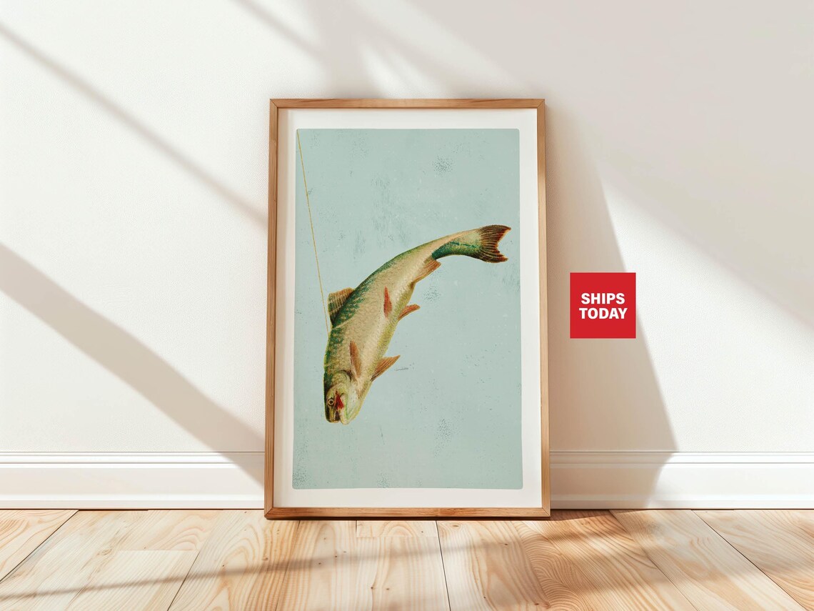 Vintage Lake Trout on a Fishing Line Illustration Poster for Anglers
