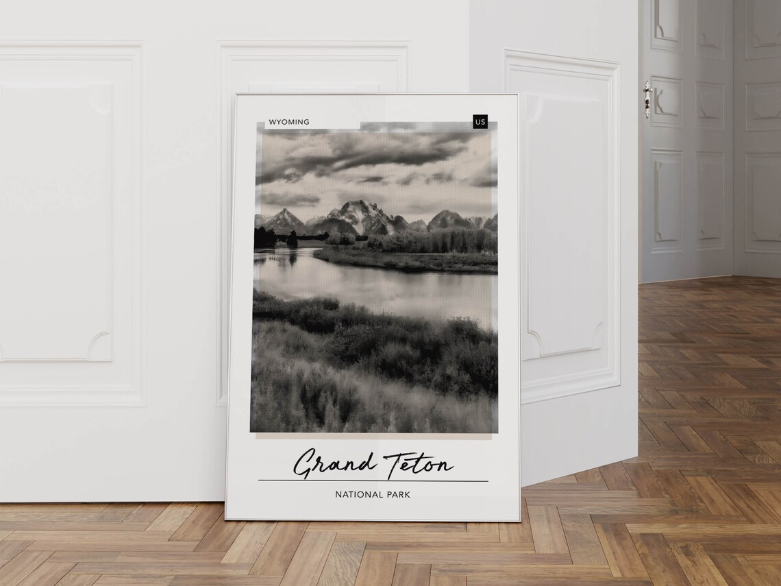 Grand Teton National Park Black and White Mountain Photo Travel Poster - Image 2