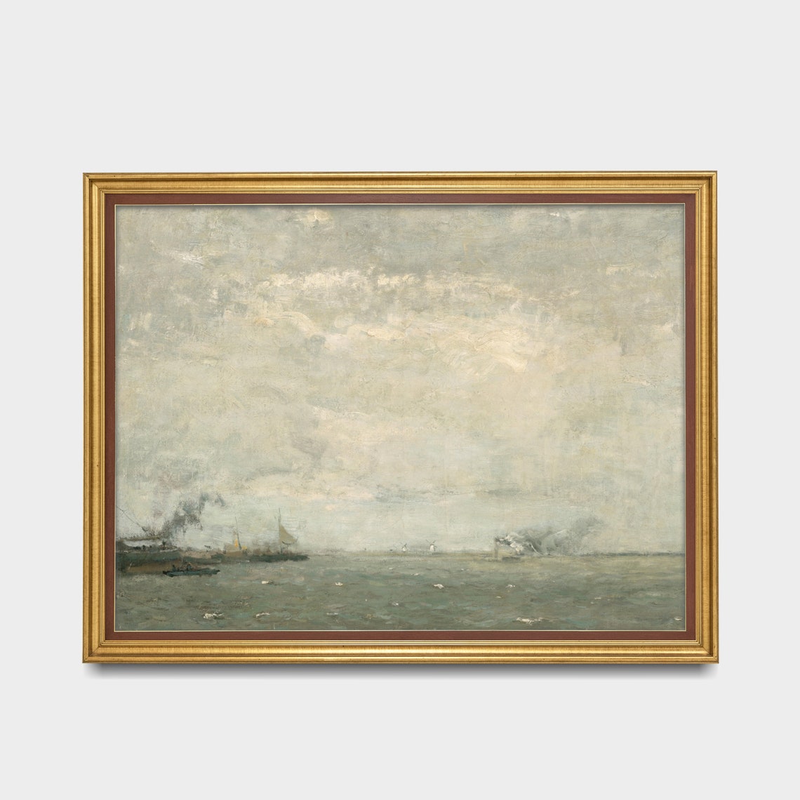 Gray Misty Harbor with Distant Steamships Muted Vintage Coastal Poster - Image 2
