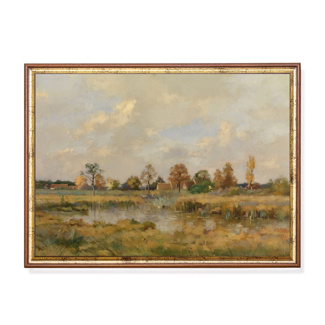 Antique Pond with Reeds and Autumn Trees Country Scene Poster