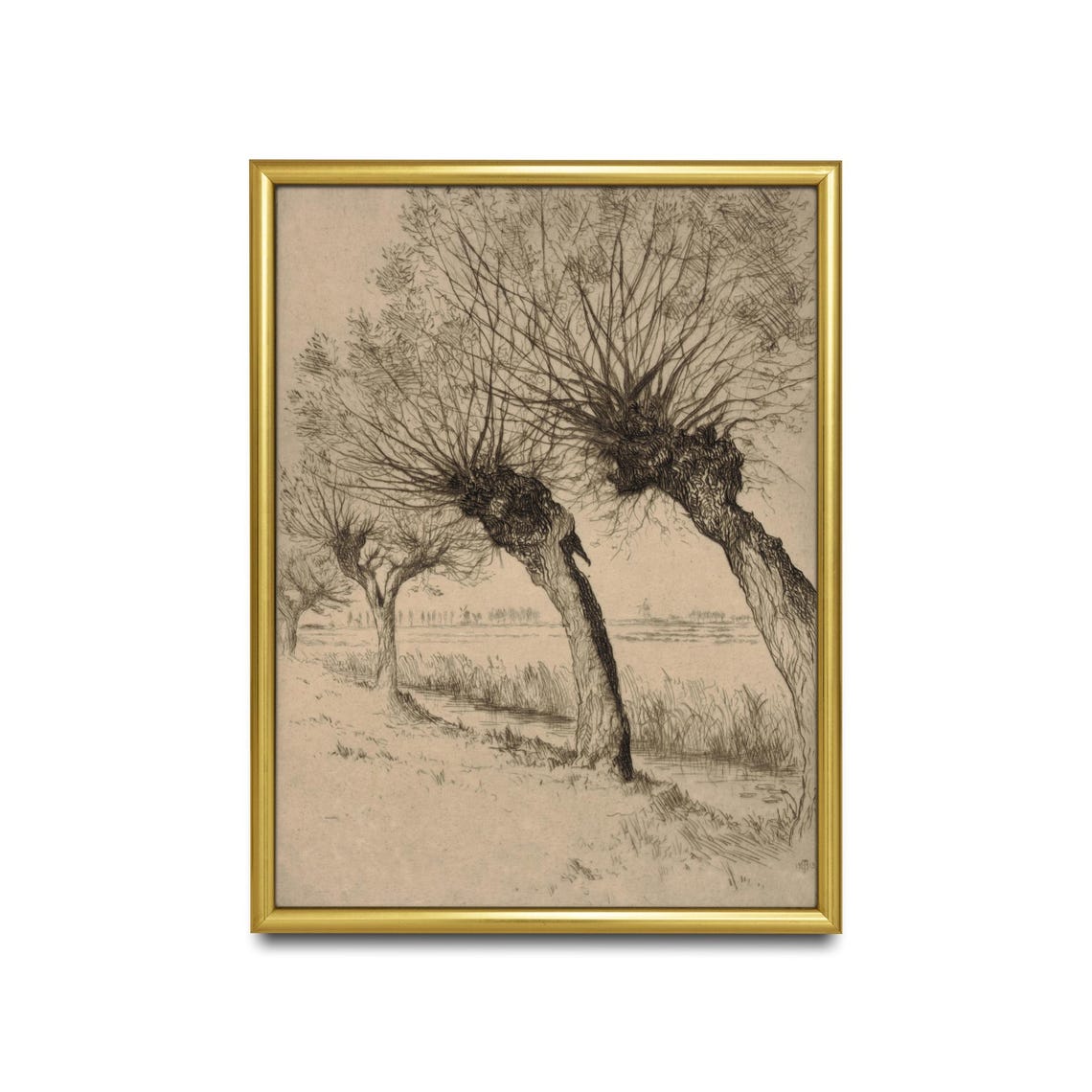 Antique Pollarded Willow Trees By Water Sketch Drawing Art Poster - Image 2