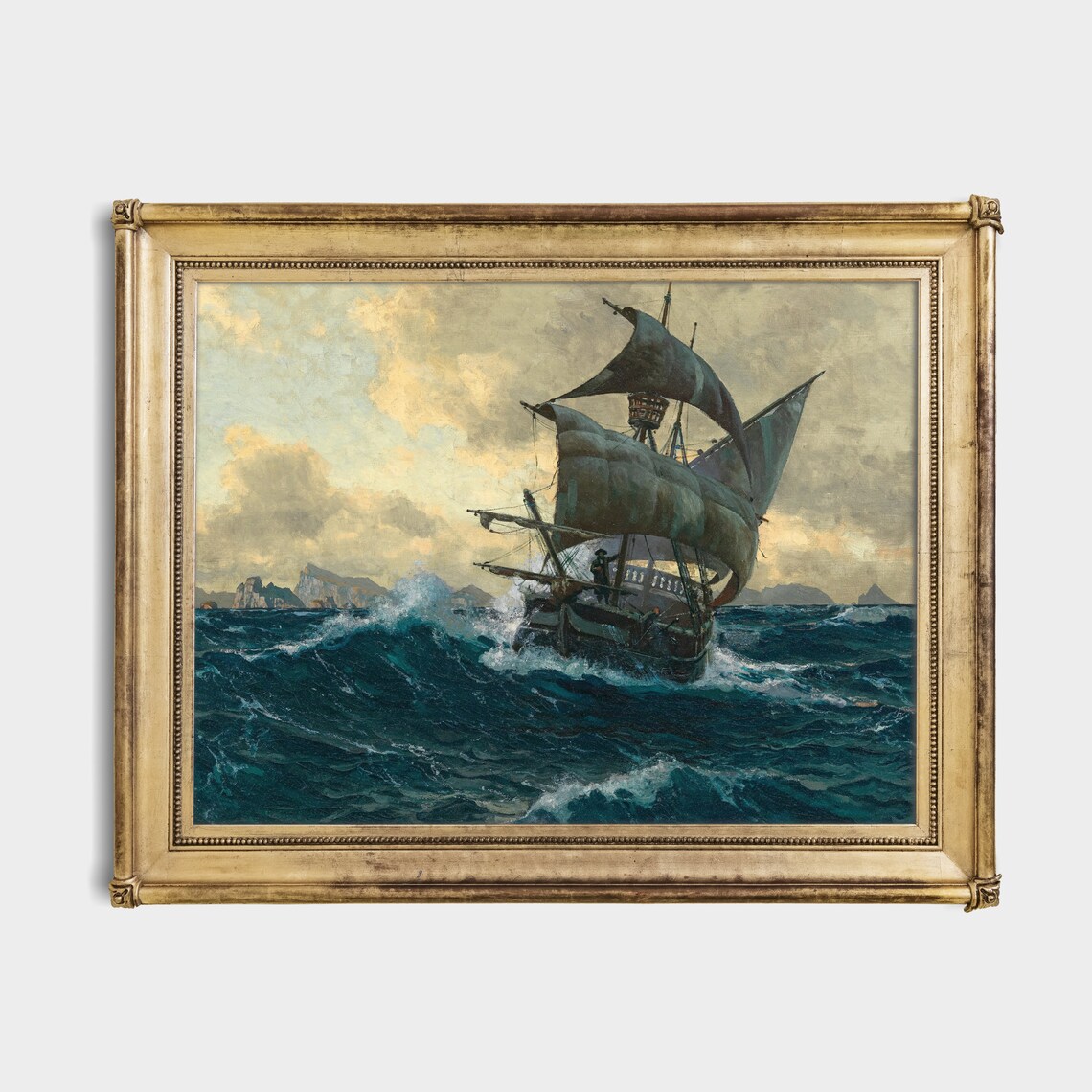 Old Sailing Galleon Battling Stormy Seas Vintage Maritime Poster - Image 2