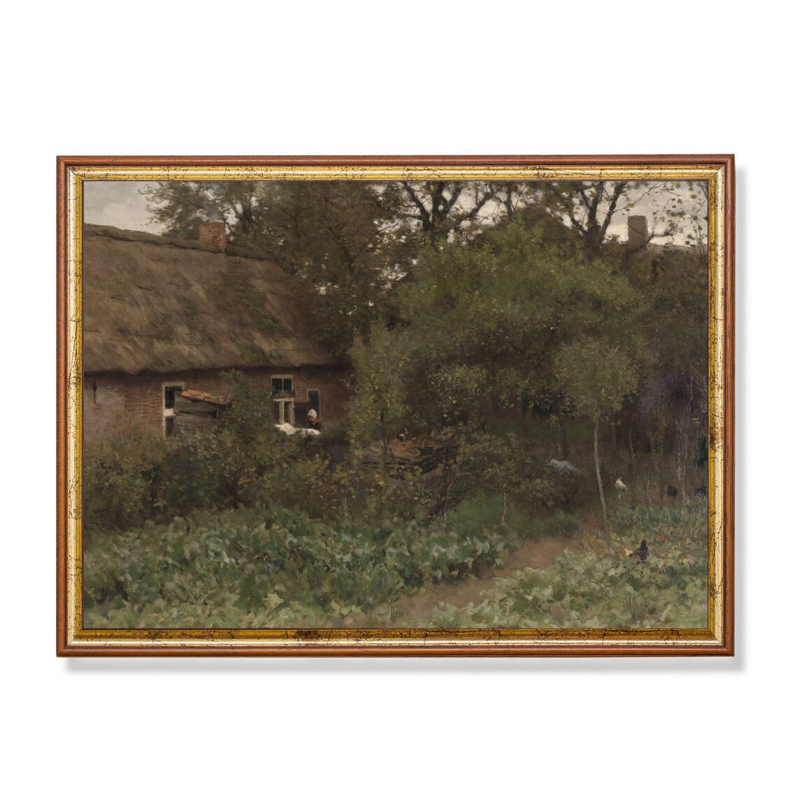 Thatched Cottage Garden Chickens Moody Country Landscape Vintage Print