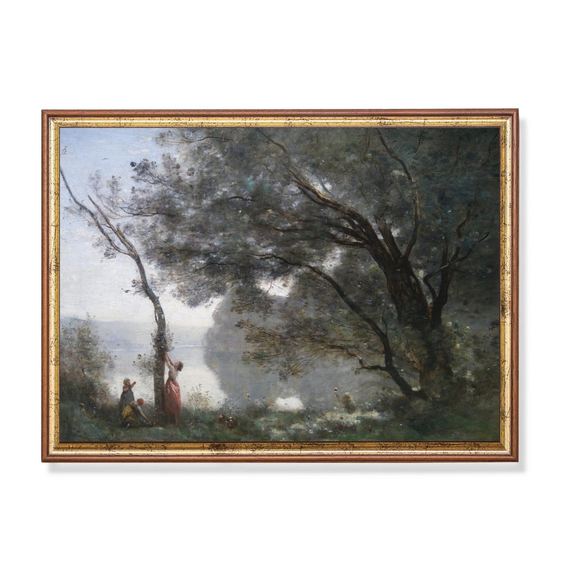 Towering Trees by a Quiet Riverbank Antique Landscape Poster