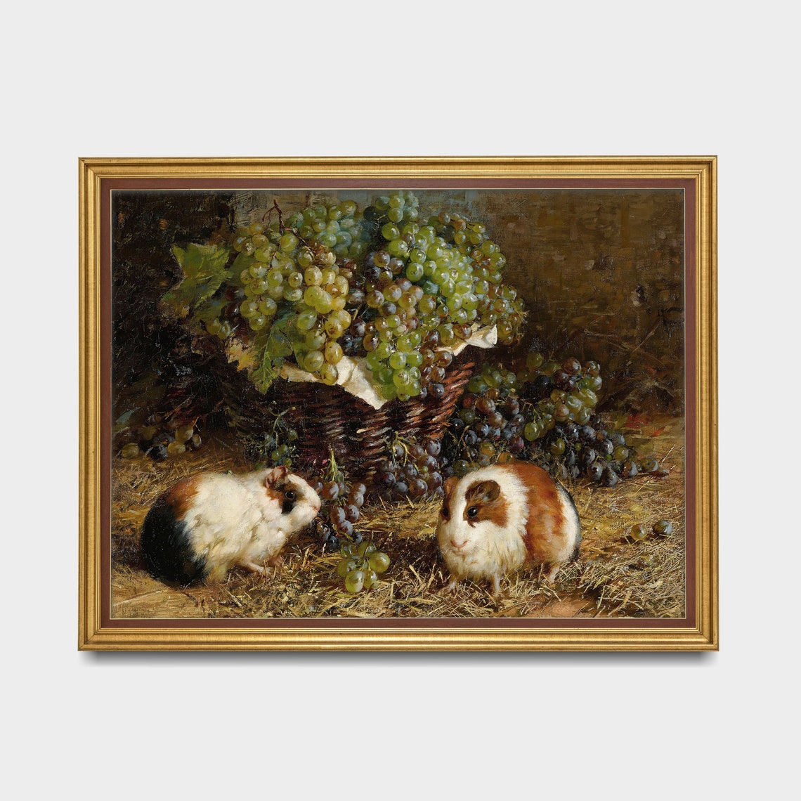 Two Guinea Pigs Feasting Beside an Overflowing Basket of Grapes Poster - Image 3